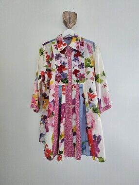 Indikka India Mixed Botanical Print Embelished Button Down Cotton Collared Dress